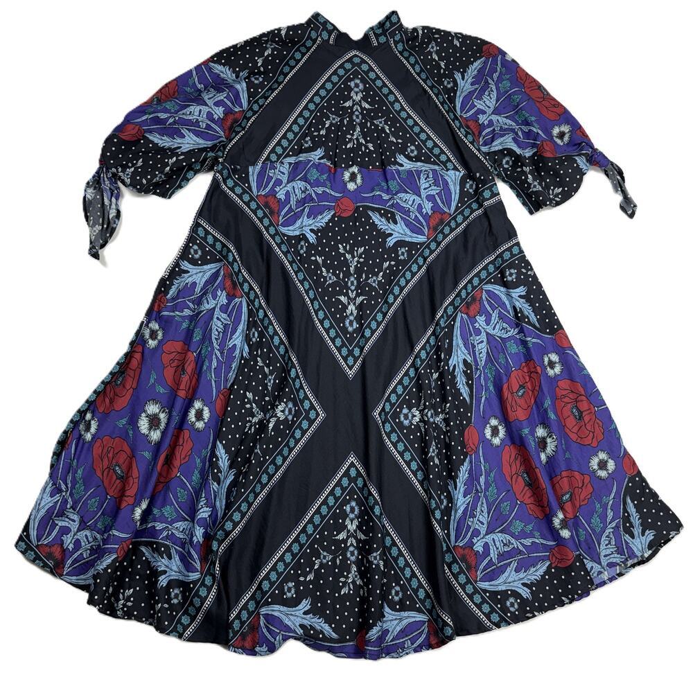 WARM NY Nomad Dress silk blend Size S bohemian black navy red poppy pattern